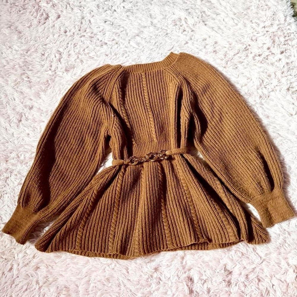 Retro Puff Sleeve Belted Babydoll Sweater Womens 1XL Cottage Core Indie Cozy